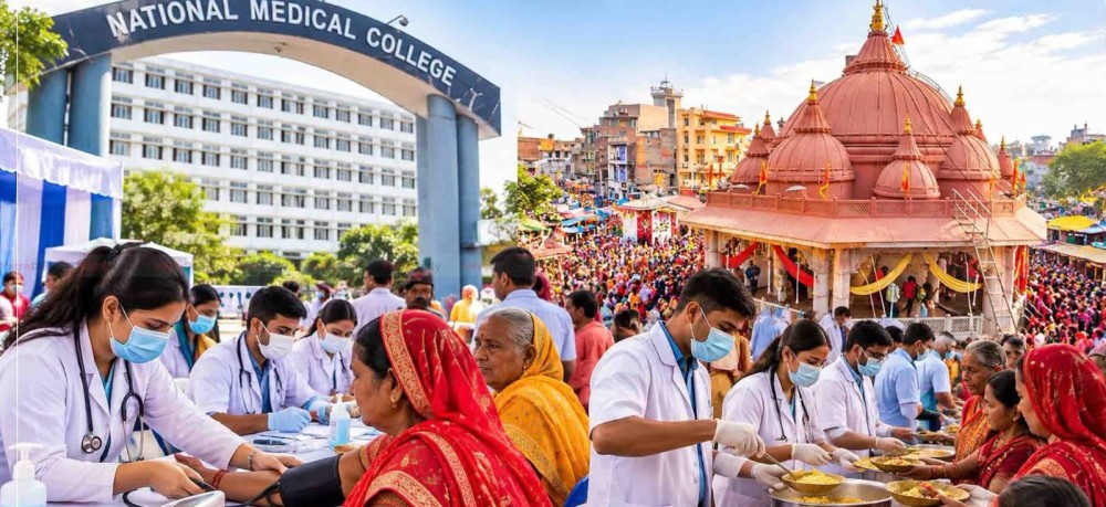 दशैँमा गहवामाई मन्दिर अगाडि स्वास्थ्य शिविरदेखि प्रसाद वितरणसम्म गर्दै नेसनल मेडिकल कलेज